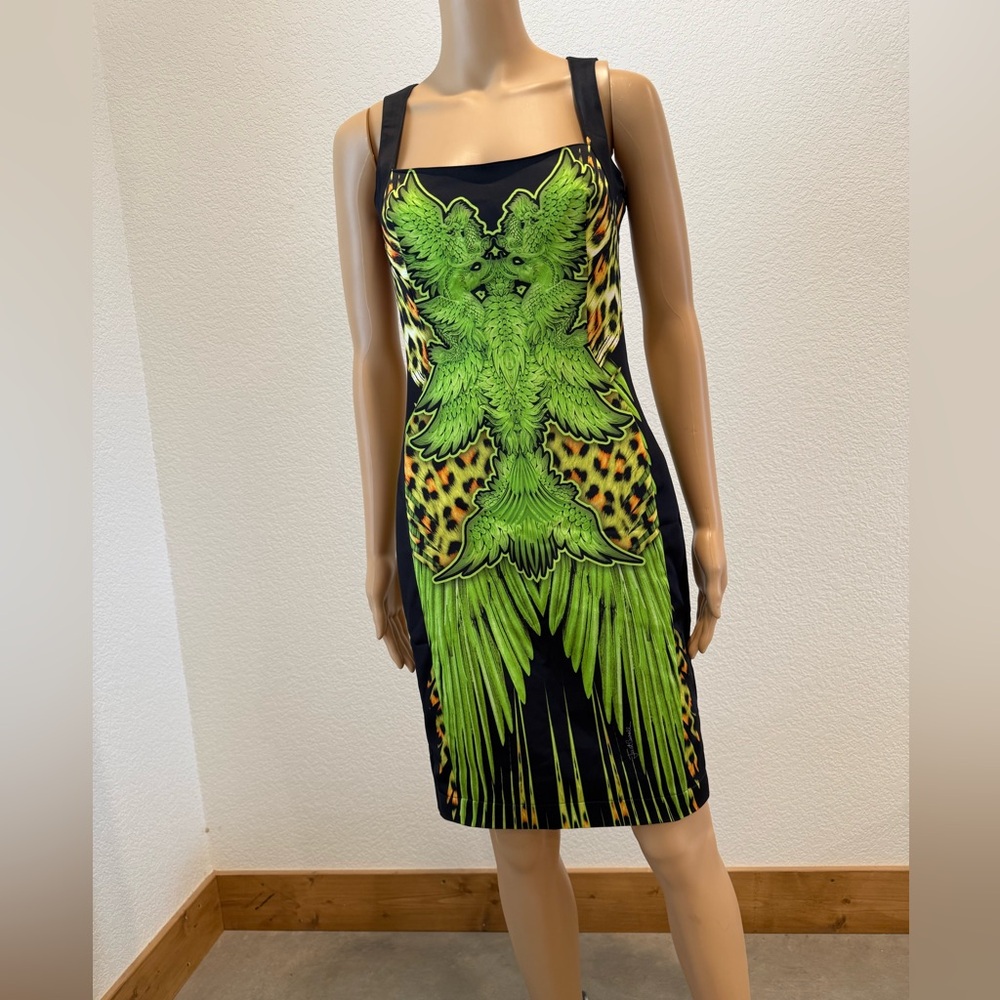 JUST  CAVALLI Vibrant Green and Black Dress with Bird Design. Pre owned